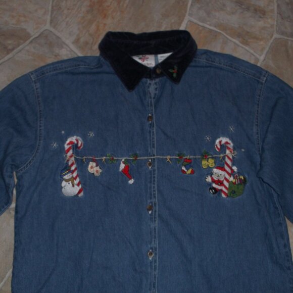 Womens Denim Embroidered, Button Up Christmas Shirt- Candy Canes, Snowman- Sz S - Picture 2 of 4